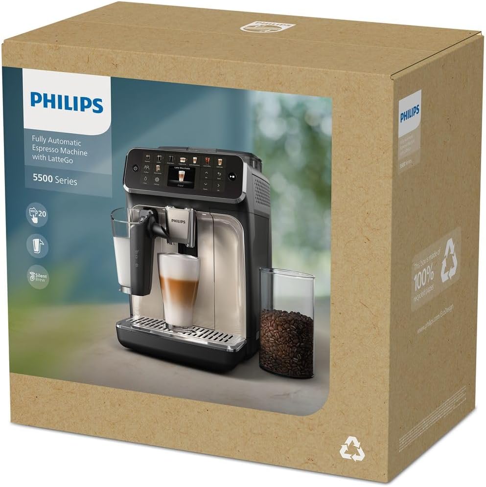 PHILIPS 5500 Series w pełni automatyczny ekspres do kawy – 20 napojów, nowoczesny kolorowy wyświetlacz dotykowy, system mleczny LatteGo, technologia SilentBrew, 100% ceramiczny mechanizm mielący