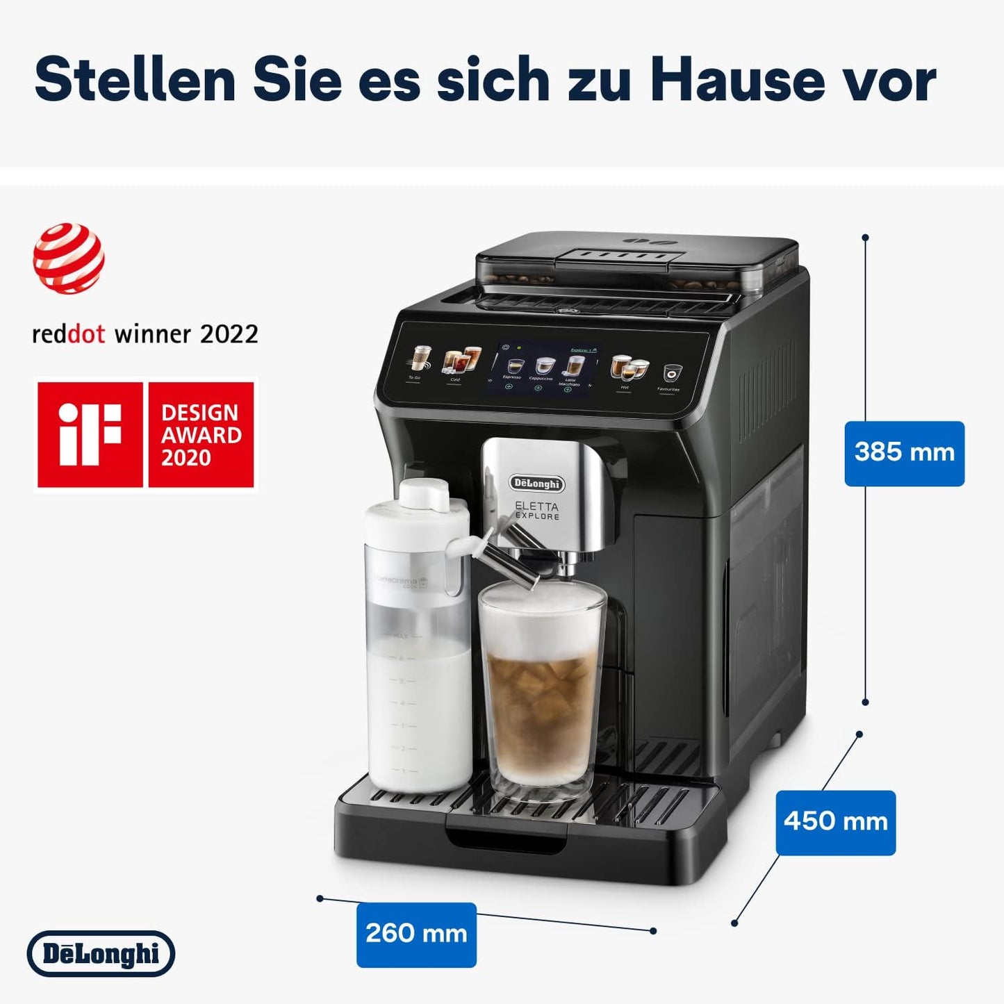 De'Longhi Eletta Explore Cold Brew ECAM452.67.G, Automatyczny Ekspres do Kawy z Systemem LatteCrema Hot i Cool, Technologia Cold Extraction, w Zestawie Dzbanek do Kawy, Ciemnoszary