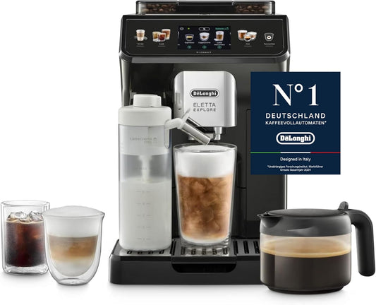 De'Longhi Eletta Explore Cold Brew ECAM452.67.G, Automatyczny Ekspres do Kawy z Systemem LatteCrema Hot i Cool, Technologia Cold Extraction, w Zestawie Dzbanek do Kawy, Ciemnoszary