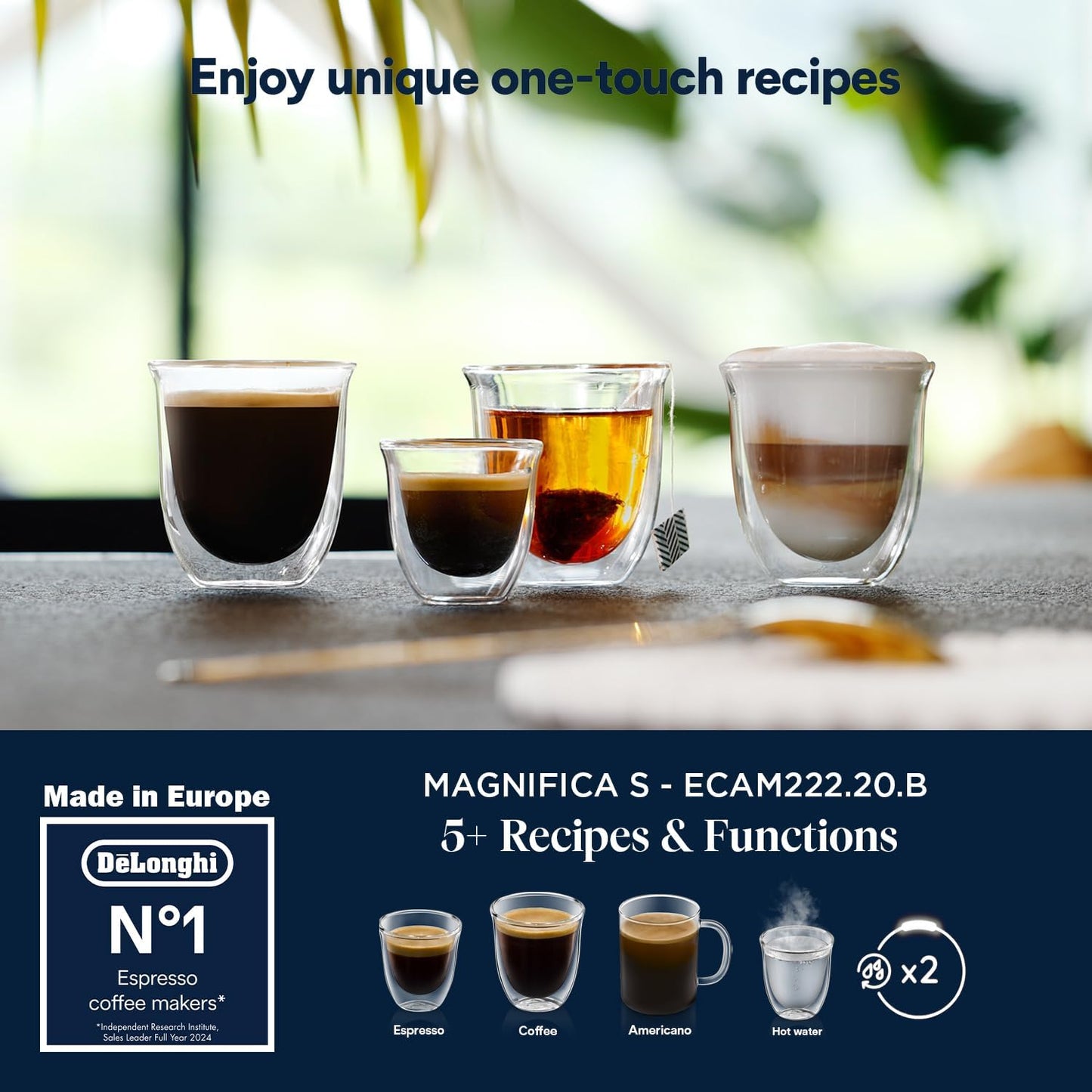 De'Longhi Magnifica Start ECAM222.20.B, Automatyczny ekspres do kawy z dyszą do spieniania mleka, 4 napoje dostępne jednym przyciskiem, panel sterowania Soft Touch, 1450 W, czarny