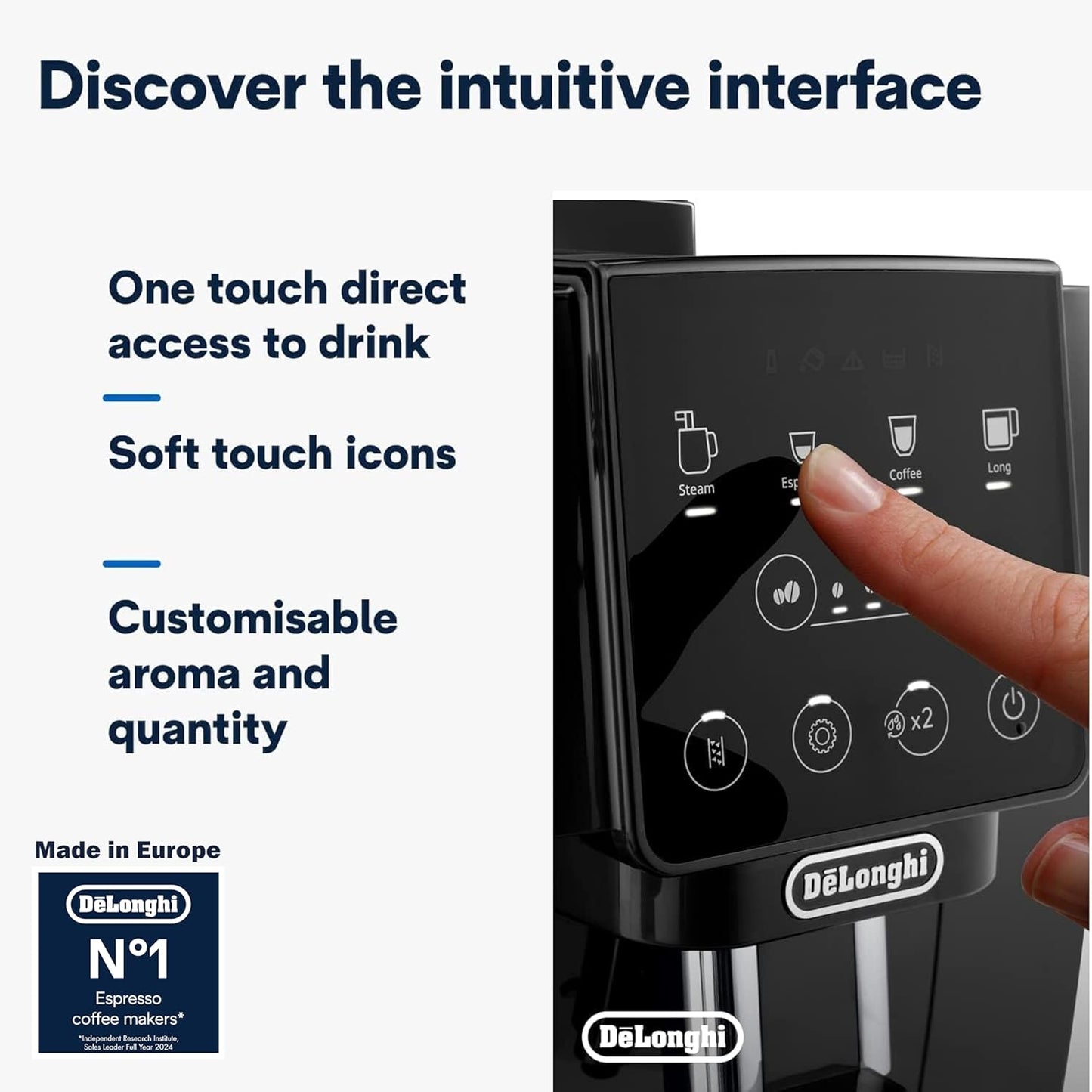 De'Longhi Magnifica Start ECAM222.20.B, Automatyczny ekspres do kawy z dyszą do spieniania mleka, 4 napoje dostępne jednym przyciskiem, panel sterowania Soft Touch, 1450 W, czarny